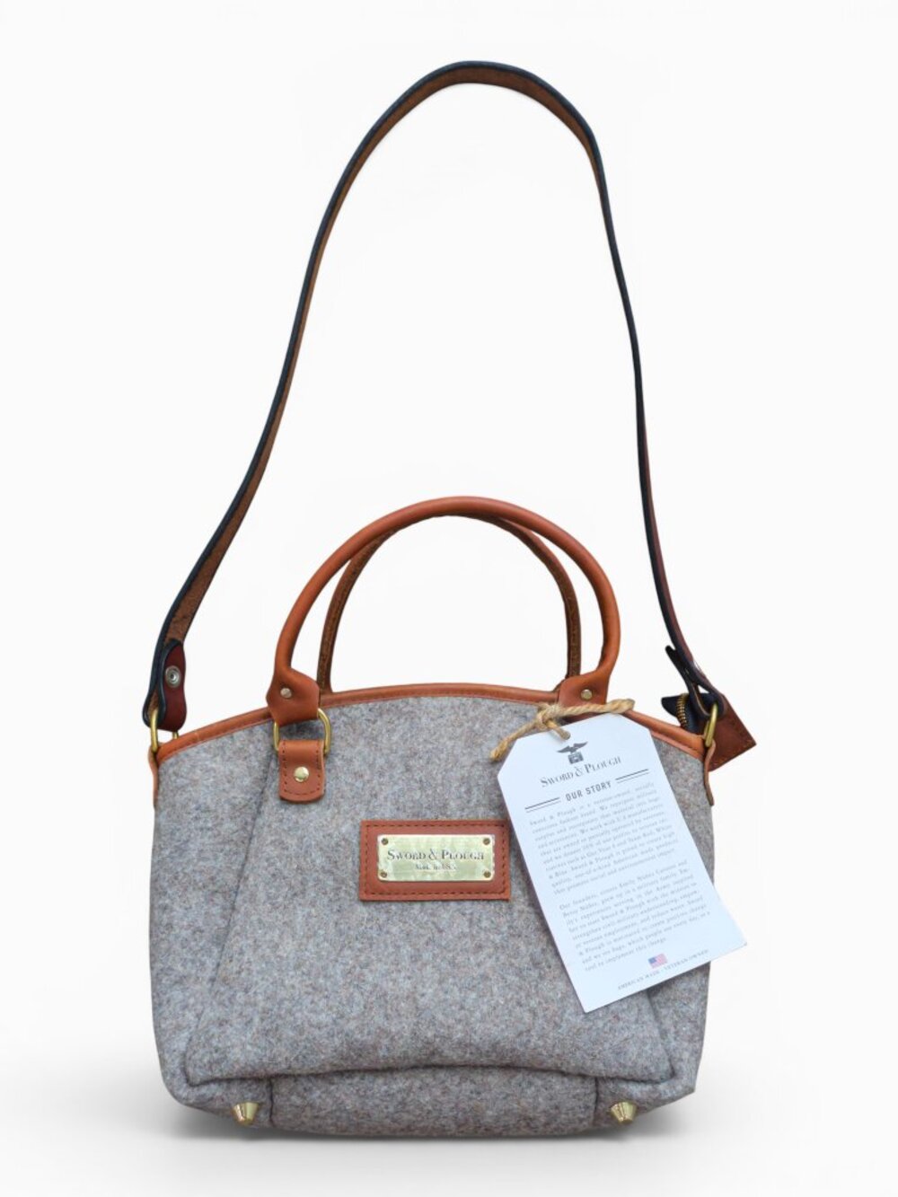 Sword & Plough Upcycled Wool Felt Satchel, Tan Leather, Camo Lining, NWT